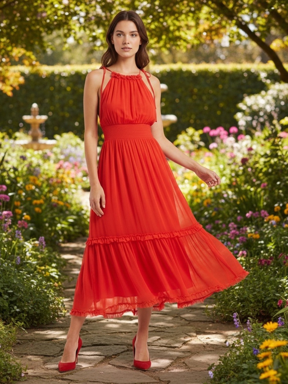Banana Republic Vibrant Red Adjustable Tie Straps Smocked Halter Maxi Dress NW